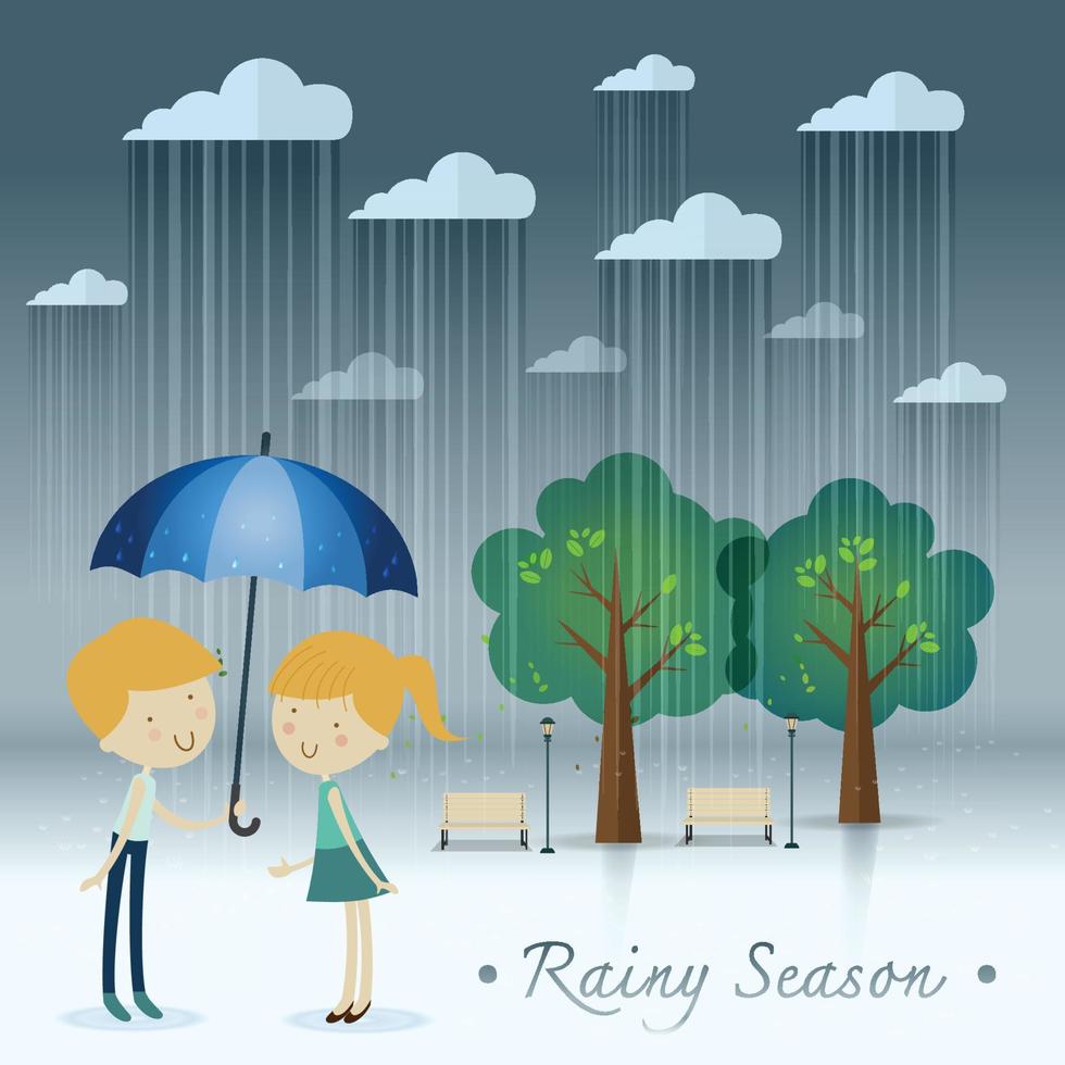 boy gift umbrella girl ,rainy season in park vector