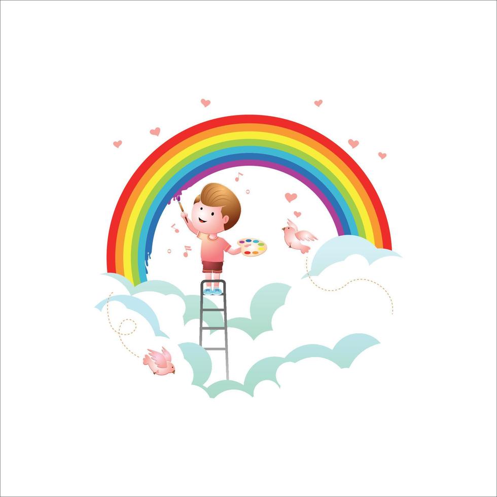 niños pequeños felices pintando el arcoiris vector