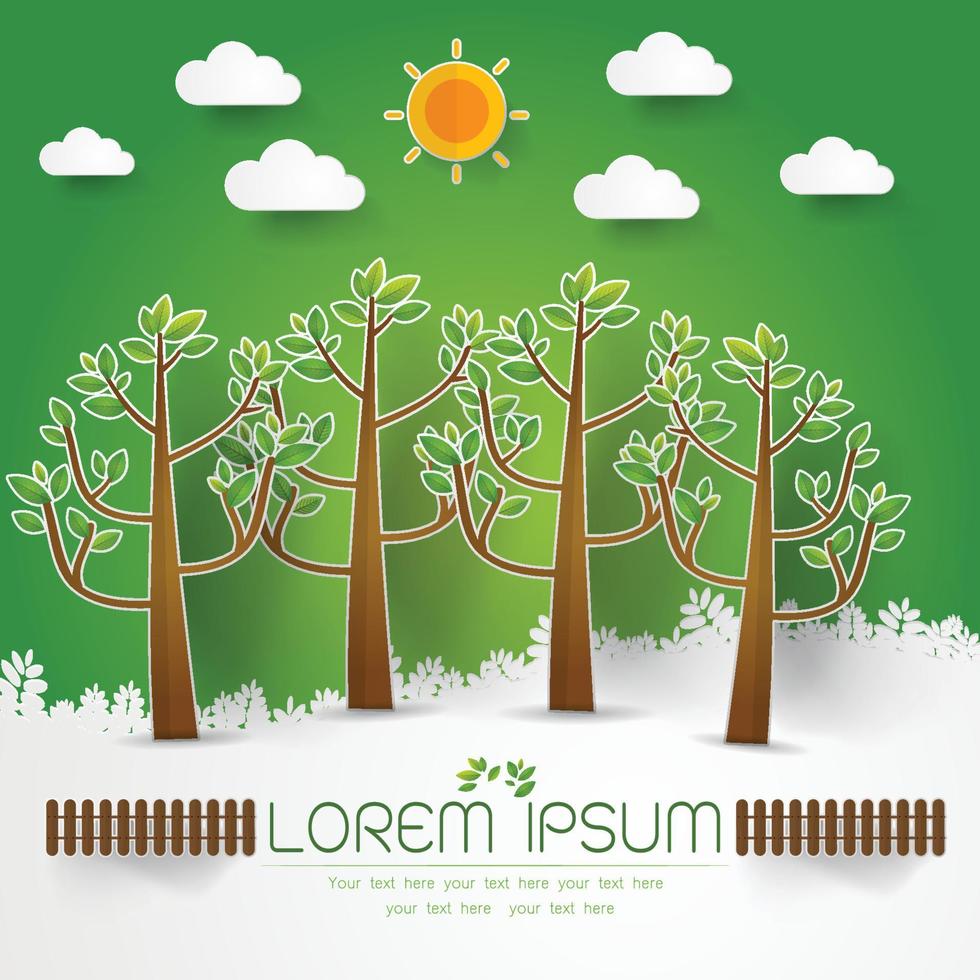 template Set of Green Forest, trees and bushes pop up paper cut style vector