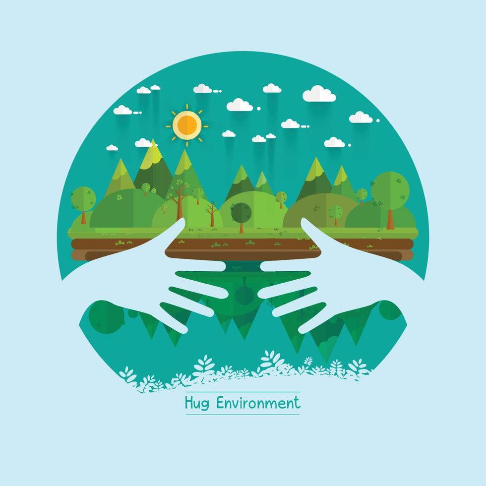 Eco friendly hands hug concept green tree.Environmentally friendly natural landscape vector