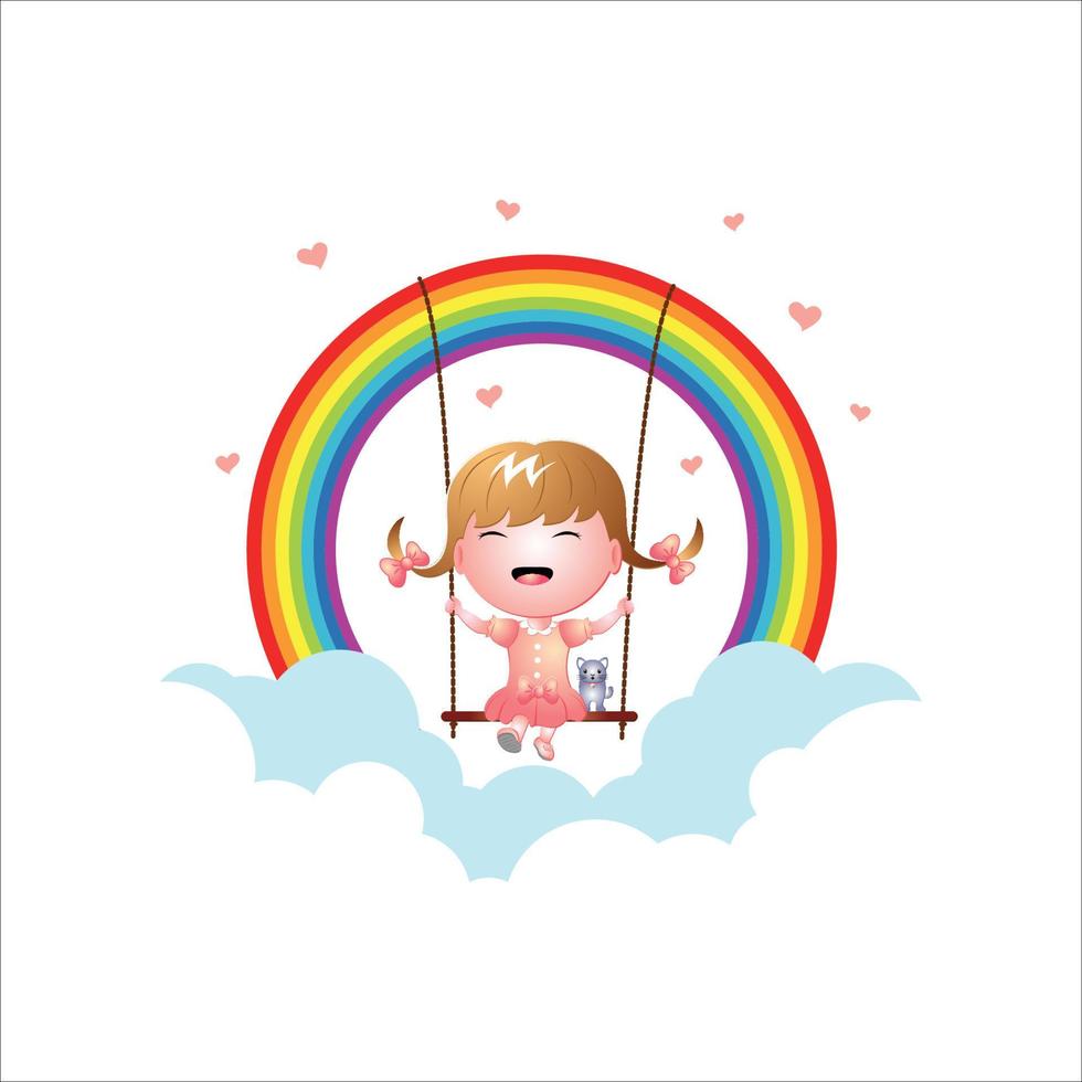 niña feliz jugando el columpio en el arco iris vector