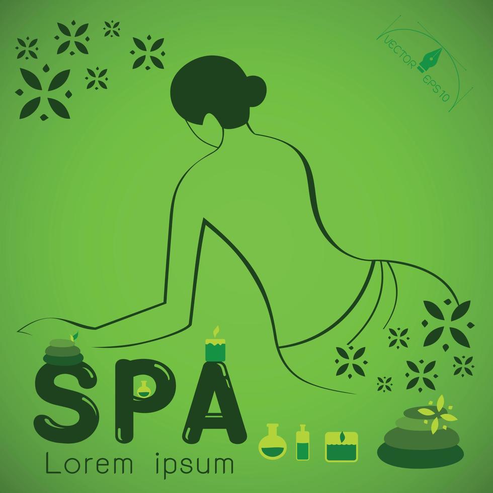 spa, woman, lotus flower, candle, cream and oil bottles, leafs and flowers vector