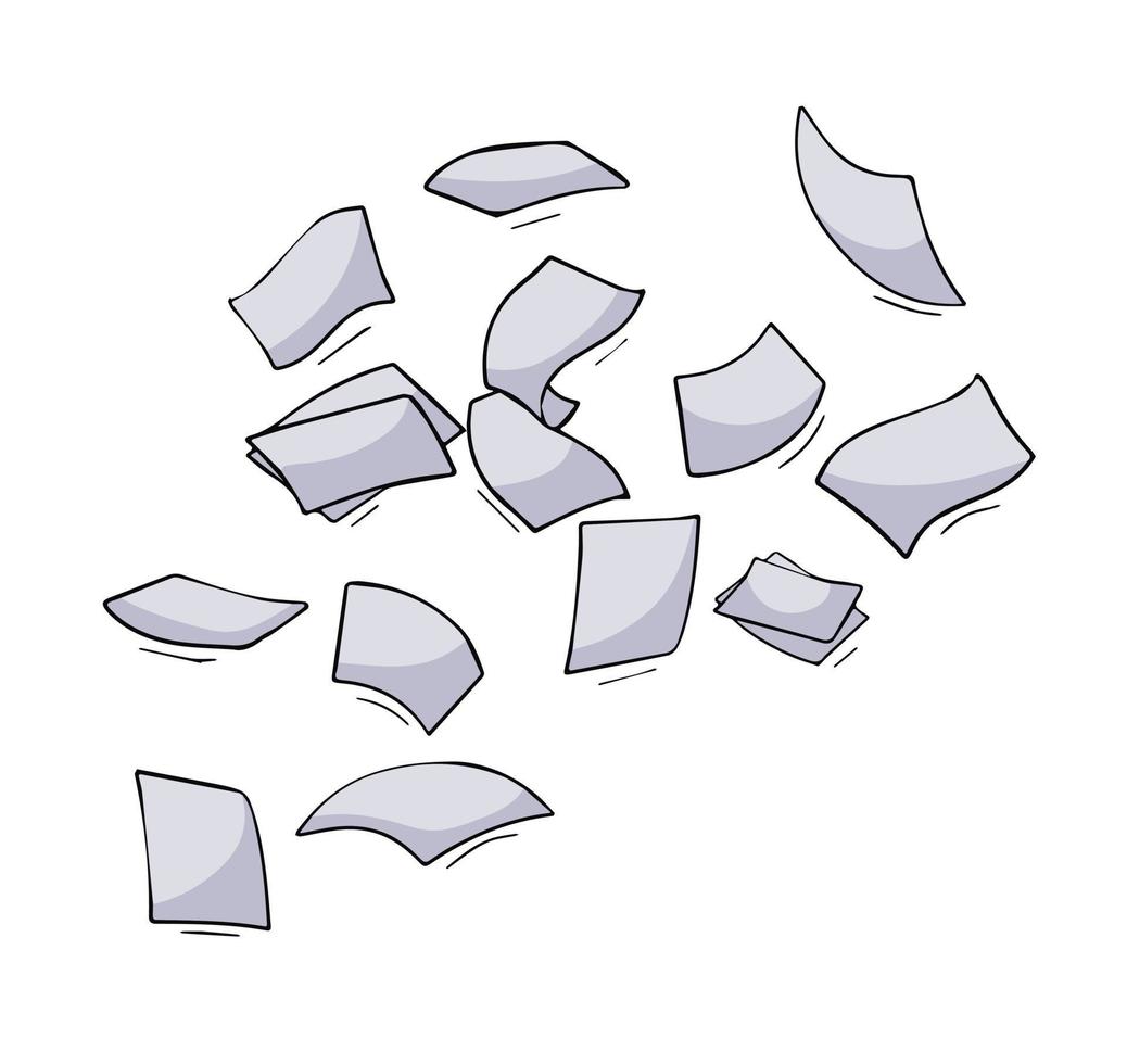 Paper files of documents fall down. Flying sheets. Blank sheet. Office element. Thrown object. White trash. Cartoon outline illustration vector