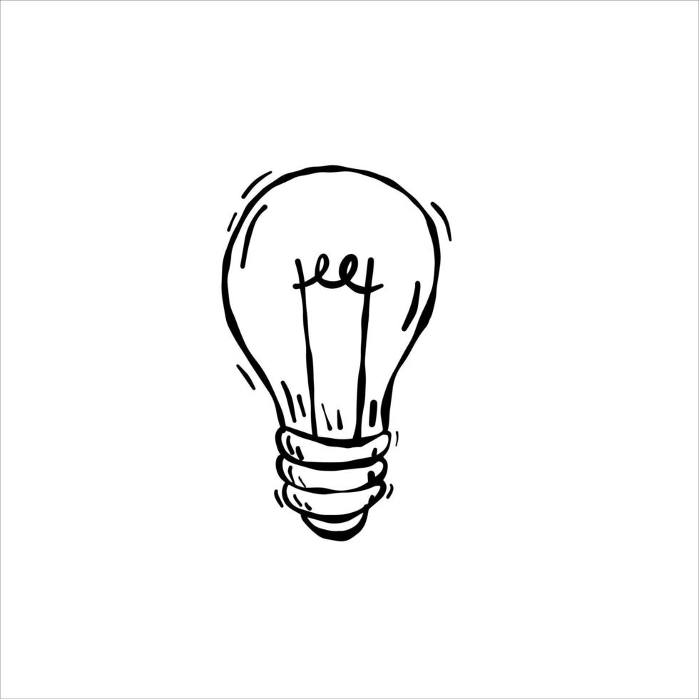 Light Bulb. Sketch drawn electric device. Black and white illustration. Cartoon doodle lighting concept and idea. Solution and creative vector