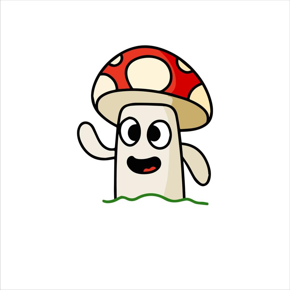 Mushroom character. Funny children drawing with red cap. Cute outline cartoon vector