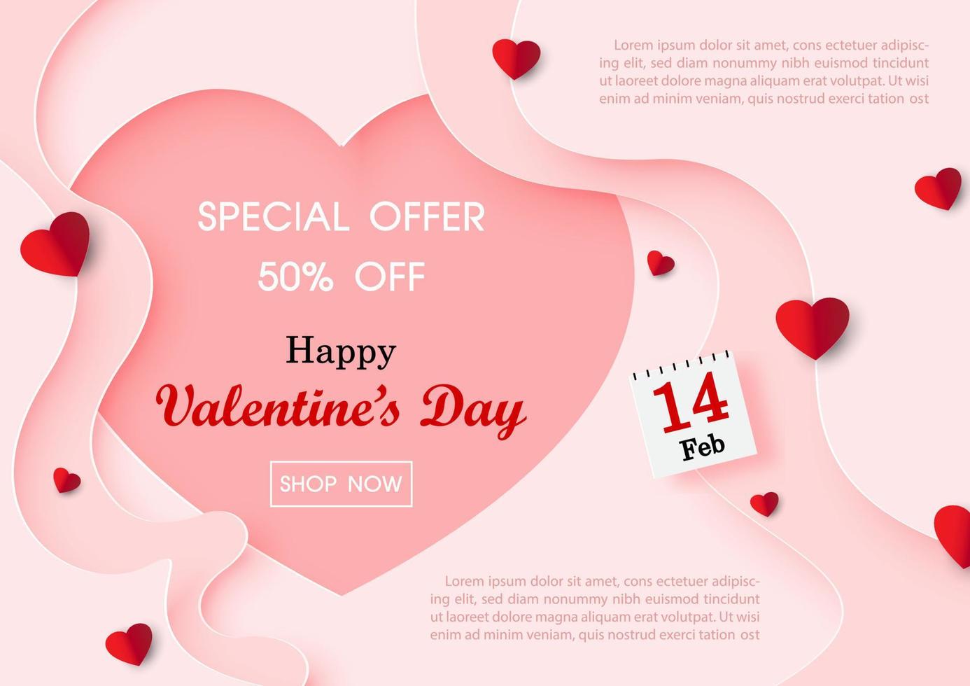 tarjeta de felicitación y afiche de la oferta especial del día de san valentín y pancarta de la tienda en estilo de corte de papel con la redacción de textos de ejemplo de venta sobre fondo rosa. vector