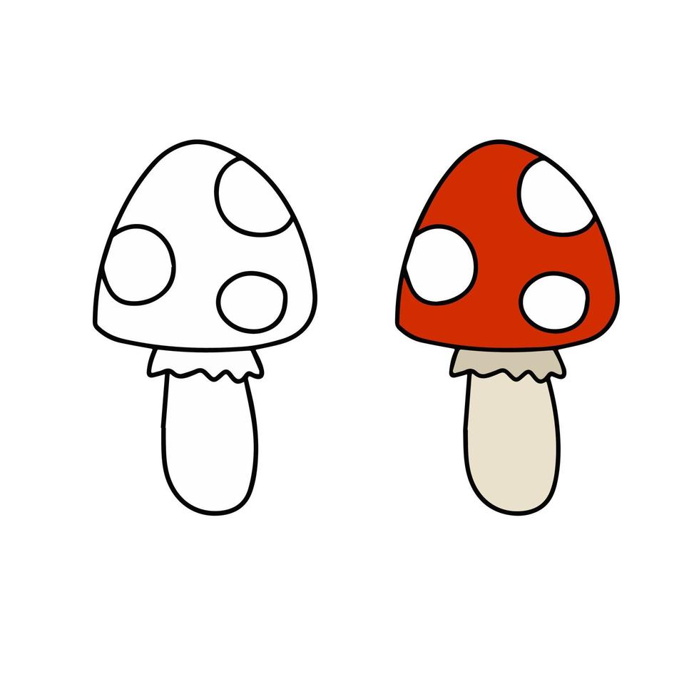 Poisonous mushroom. Fly agaric with red cap. Outline cartoon illustration vector