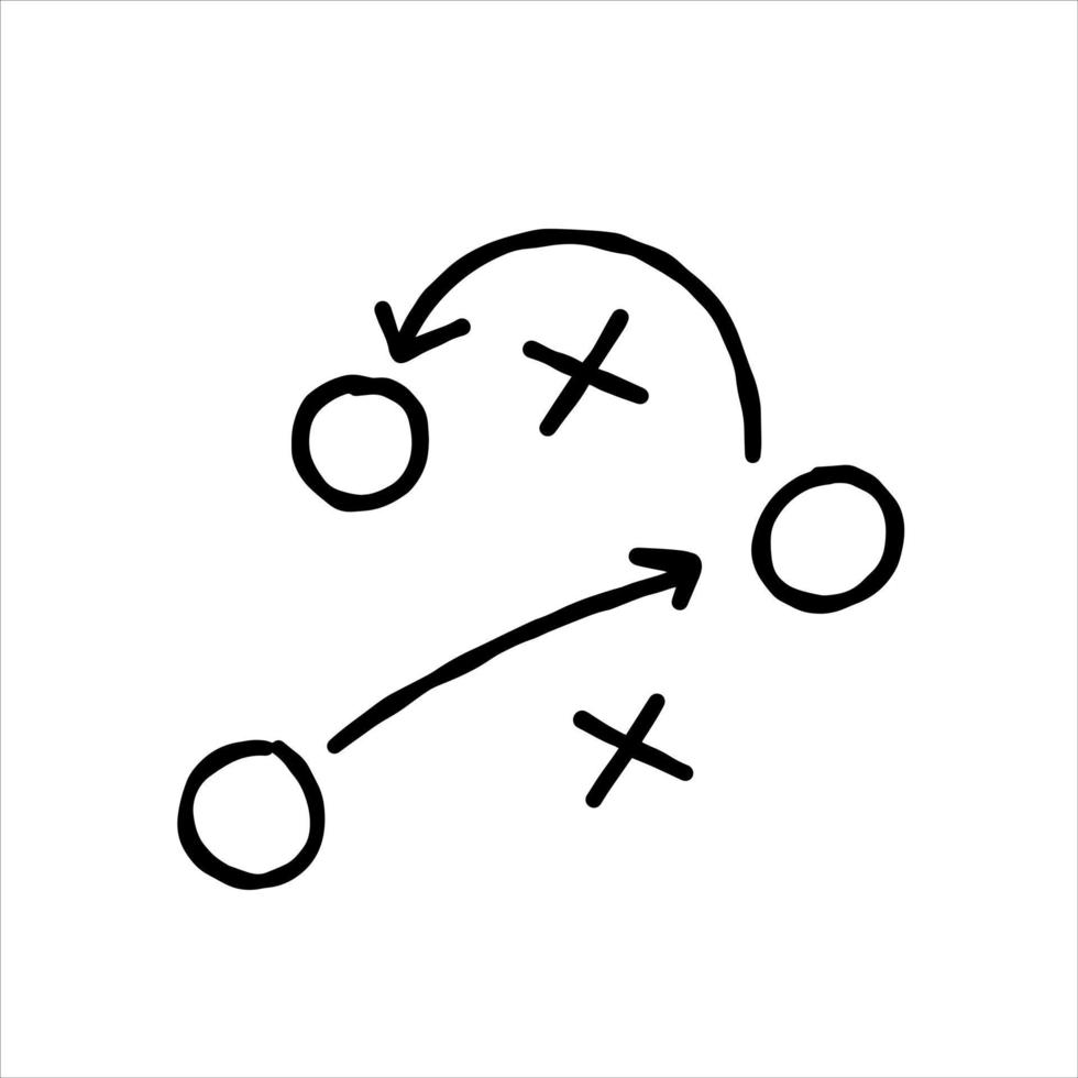 táctica y estrategia deportiva. esquema de movimiento del jugador del equipo. combinación de cruces y círculos con flechas de ruta. instrucciones de bola de lanzamiento. vector