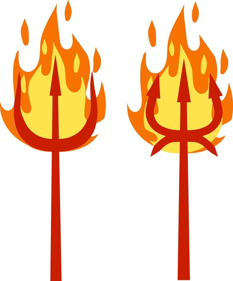 Devil's Trident. Hell fork. Cartoon flat illustration. Set of Halloween red evil demon costume item. Weapon Of Satan with fire and flame vector