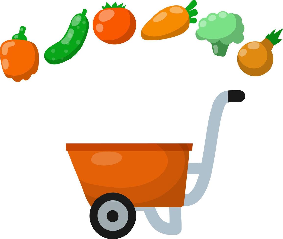 Red farmer cart with vegetables. Pepper, tomato, carrot, cucumber. Fresh food and harvest. Rustic element and red wheelbarrow. Cartoon flat illustration vector