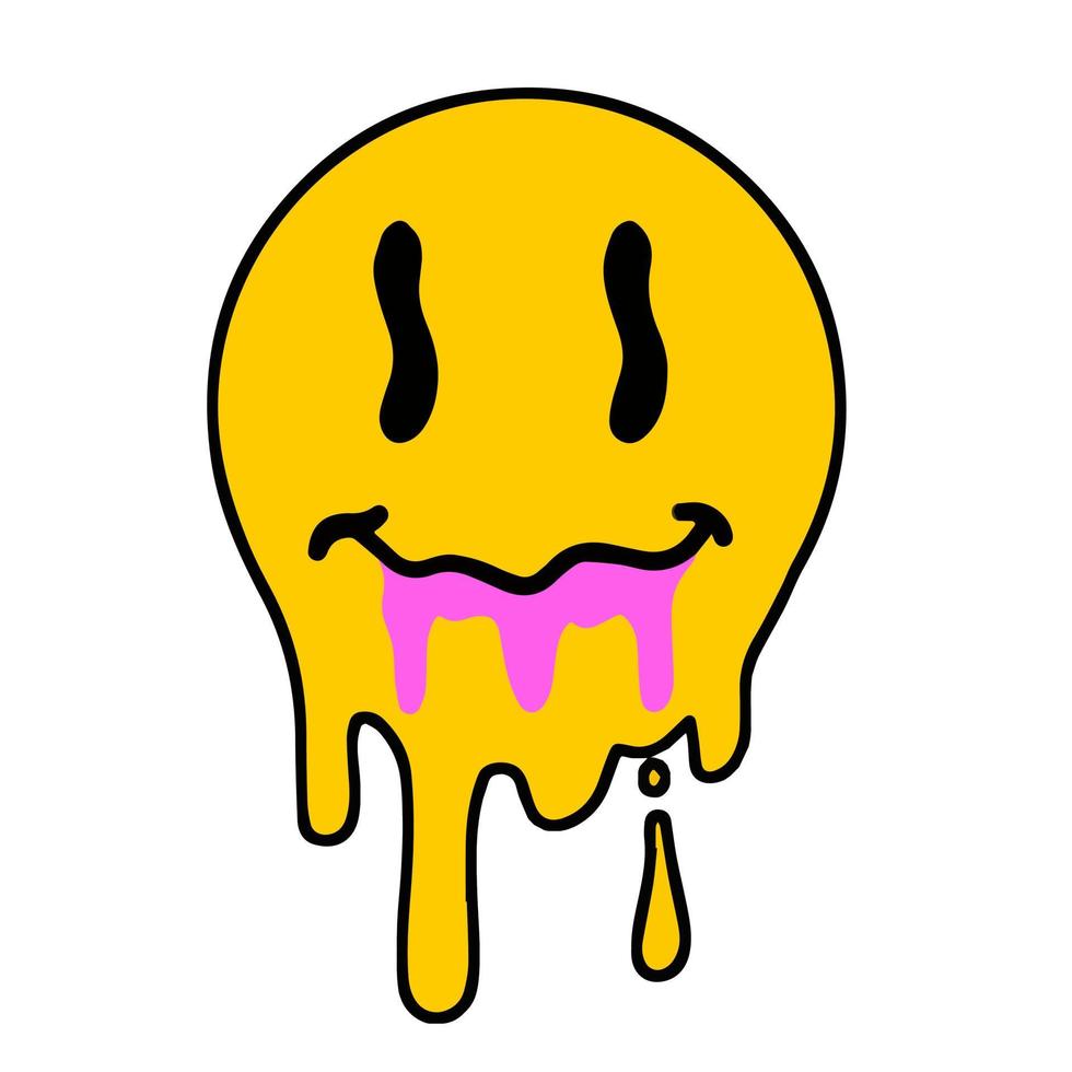 Acid smile face. Melted rave and techno symbol of 90s. Pink brush stroke vector