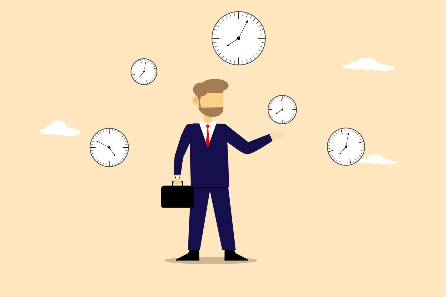 Vector businessman show the time of business,Flat character man beard holding time illustration