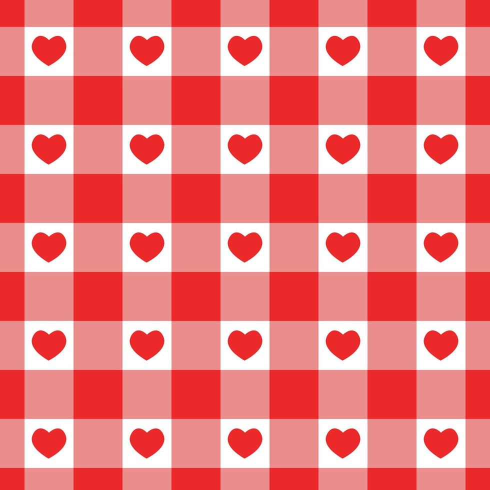 Red and white gingham seamless pattern with hearts. Checkered Valentine
