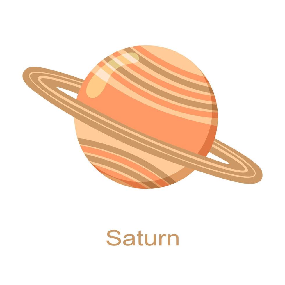 Saturn planet with rings icon with name isolated on white background. Universe element of Solar system. Kids planetary vector