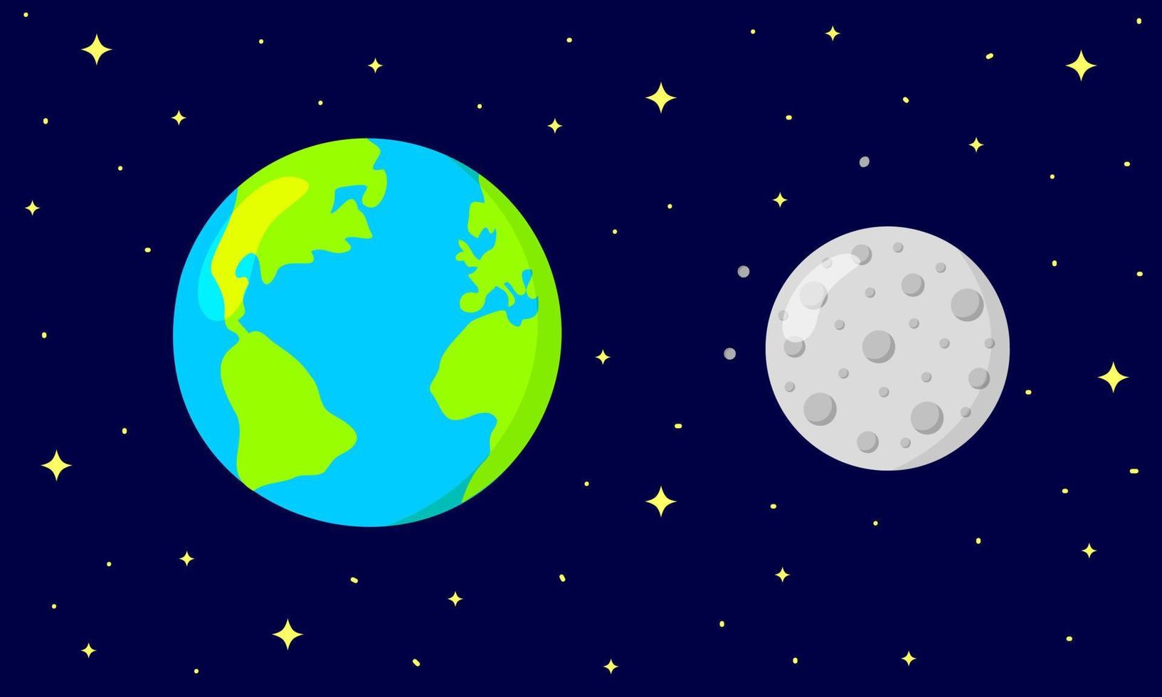 Earth and Moon on dark space starry background. Astronomy for kids vector