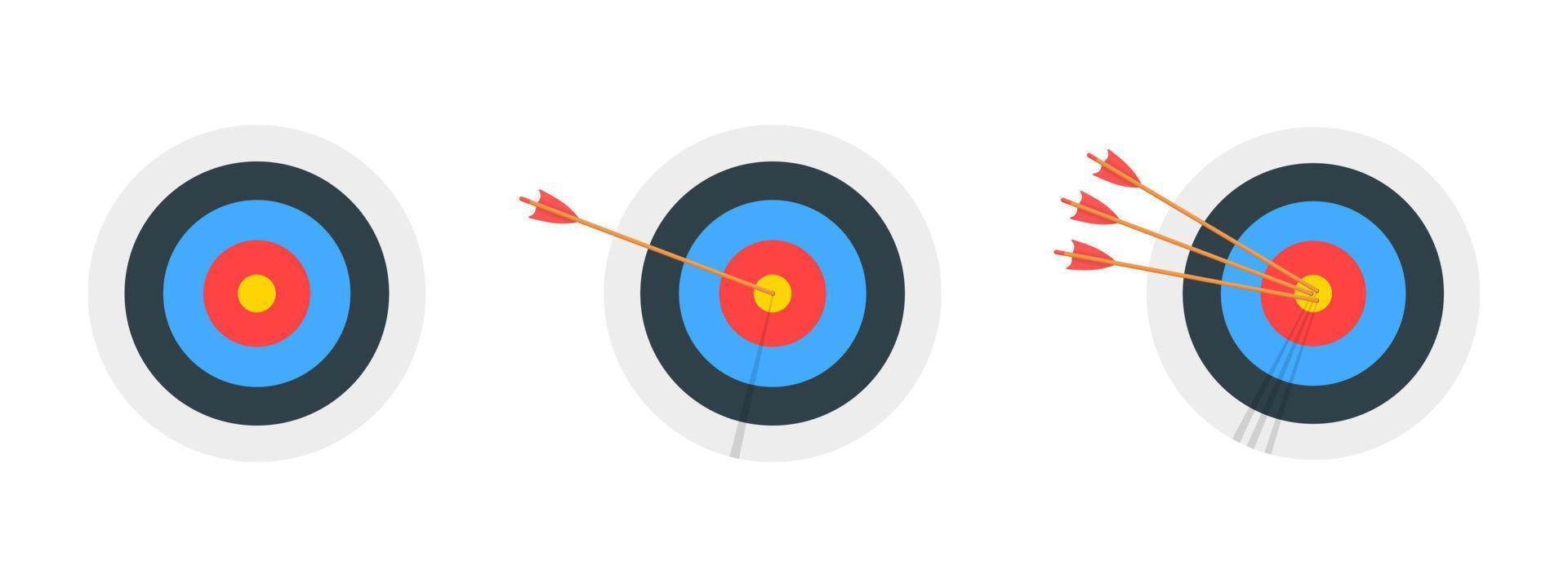 Archery target rings with and without arrows hitting bullseye. Round dartboards isolated on white background. Goal achieving concept. Business success strategy symbols vector