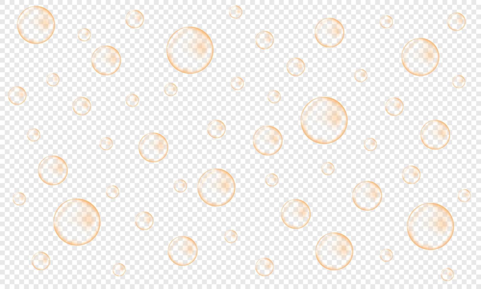 burbujas doradas de champán, prosecco, seltzer, soda, vino espumoso. textura de bebida carbonatada. fondo de agua burbujeante vector