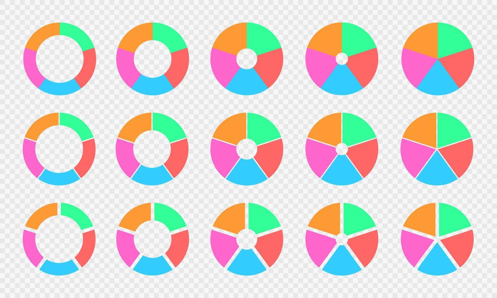 conjunto de gráficos circulares y de anillos. diagramas circulares coloridos divididos en 5 secciones. ruedas infográficas. formas redondas cortadas en cinco partes iguales aisladas sobre fondo transparente vector