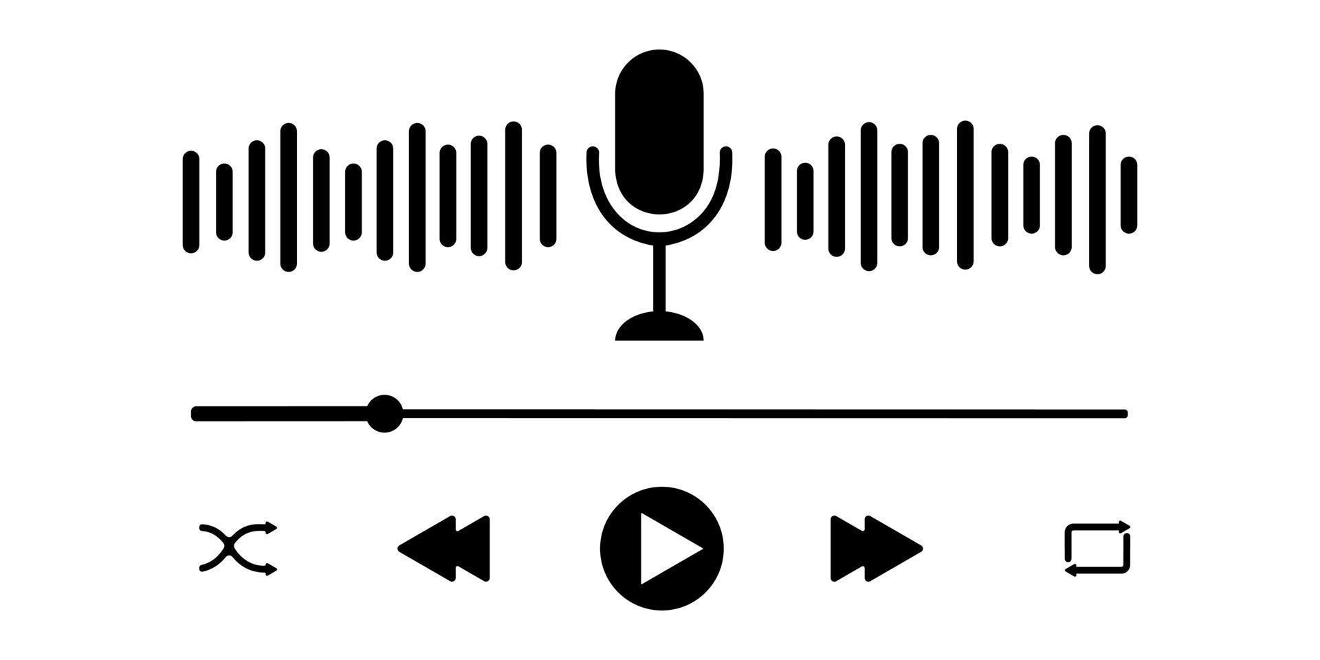 Podcast player interface with microphone, sound wave, loading progress bar and buttons. Simple audio player panel template for mobile app vector