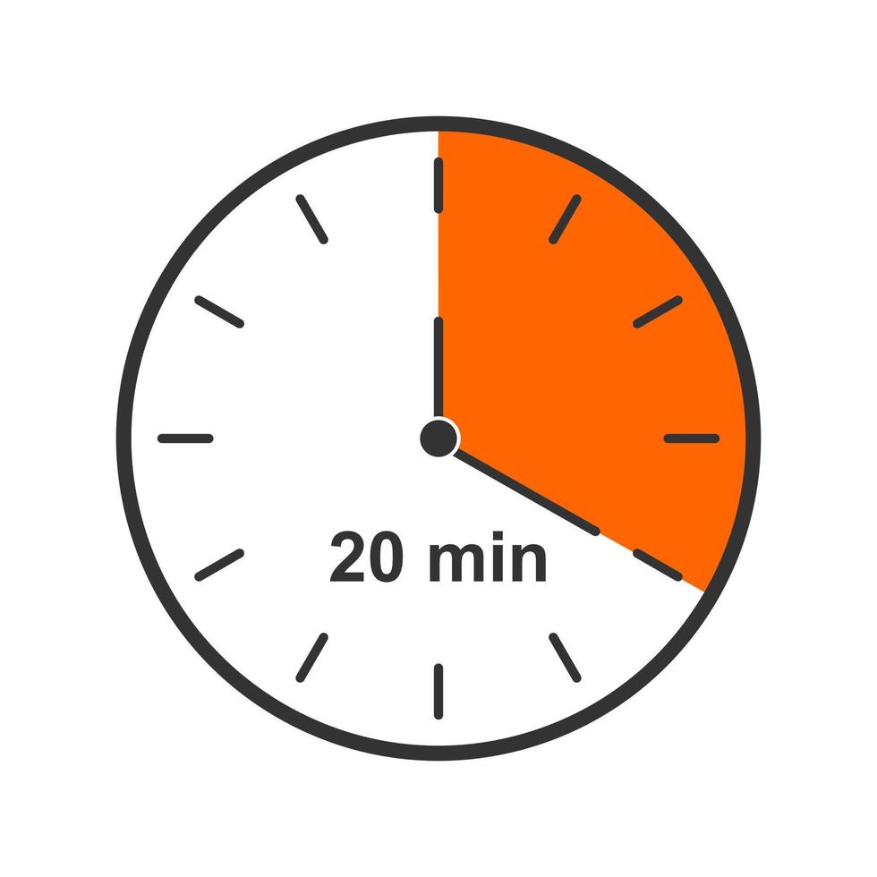 Clock icon with 20 minute time interval. Countdown timer or stopwatch symbol. Infographic element for cooking or sport game vector