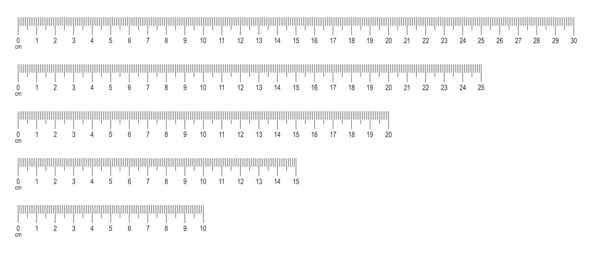 Scale of ruler with numbers set. Horizontal measuring chart with 30, 25, 20, 25, 10 centimeters markup. Distance, height or length measurement math or sewing tool vector