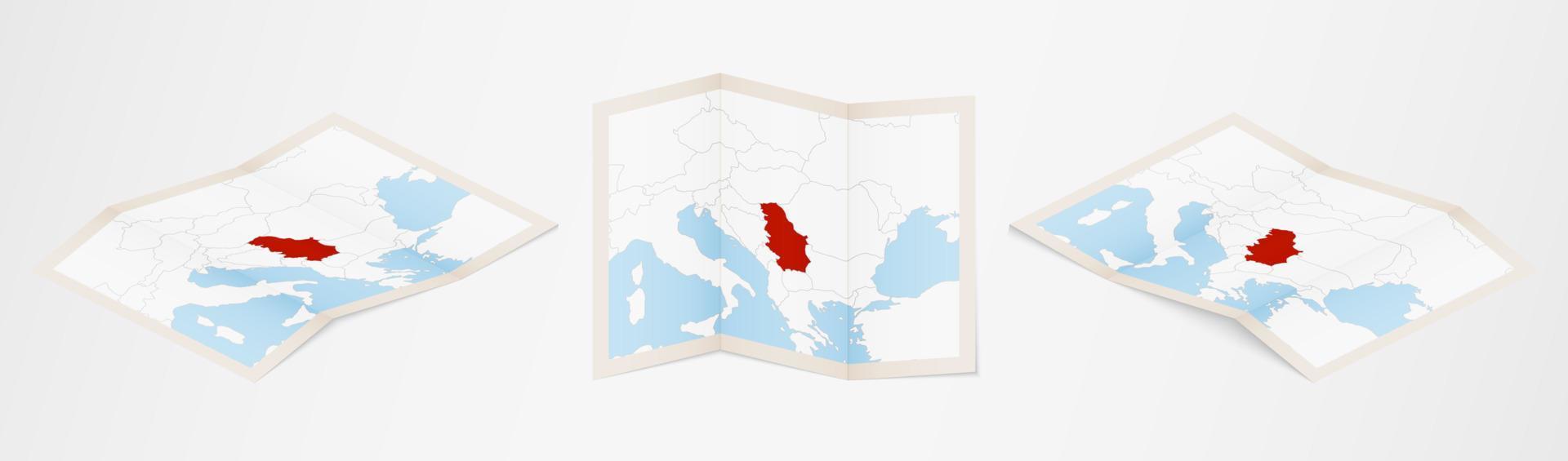 Folded map of Serbia in three different versions. vector