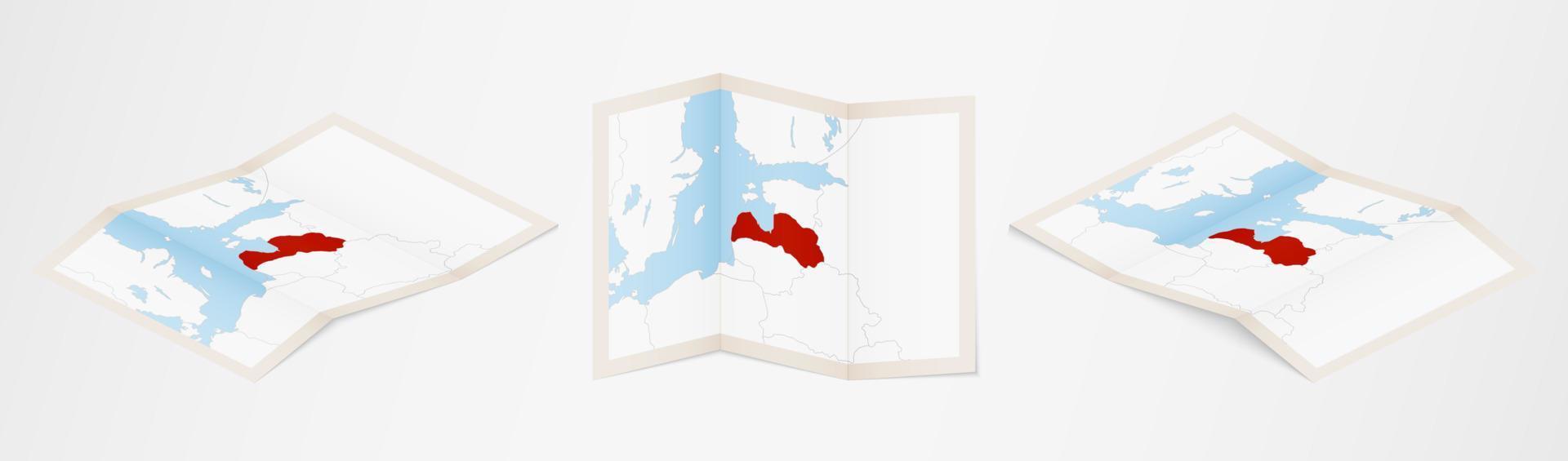 mapa plegado de letonia en tres versiones diferentes. vector