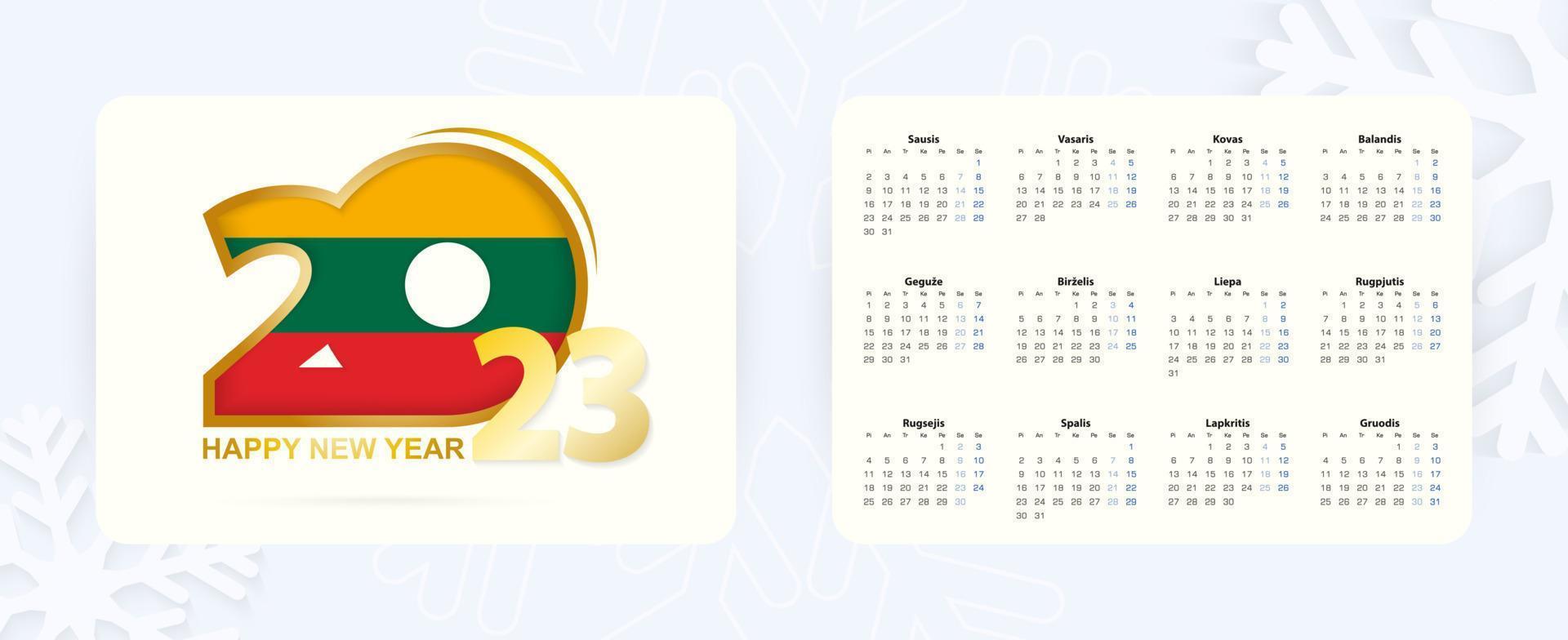 Horizontal Pocket Calendar 2023 in Lithuanian language. New Year 2023 icon with flag of Lithuania. vector