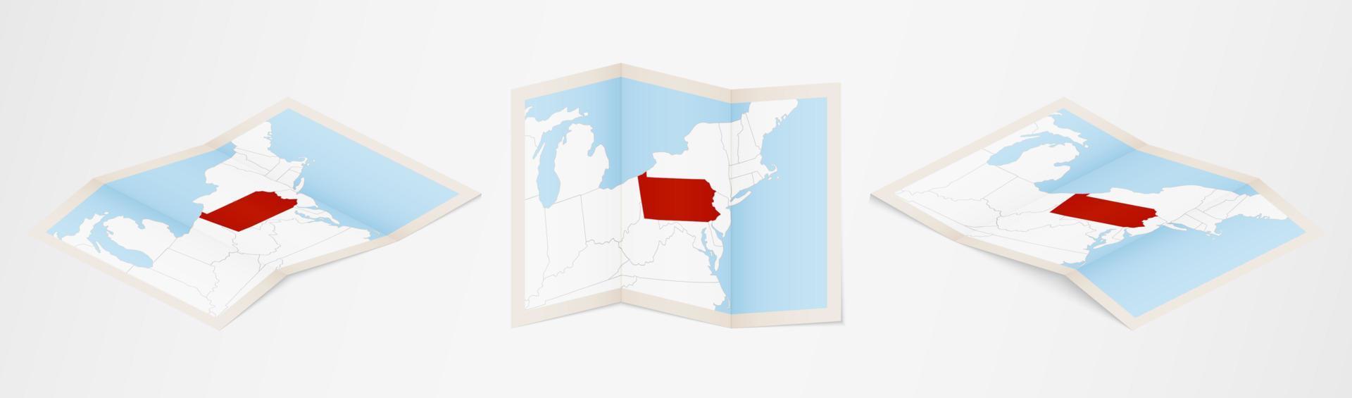 Folded map of Pennsylvania in three different versions. vector