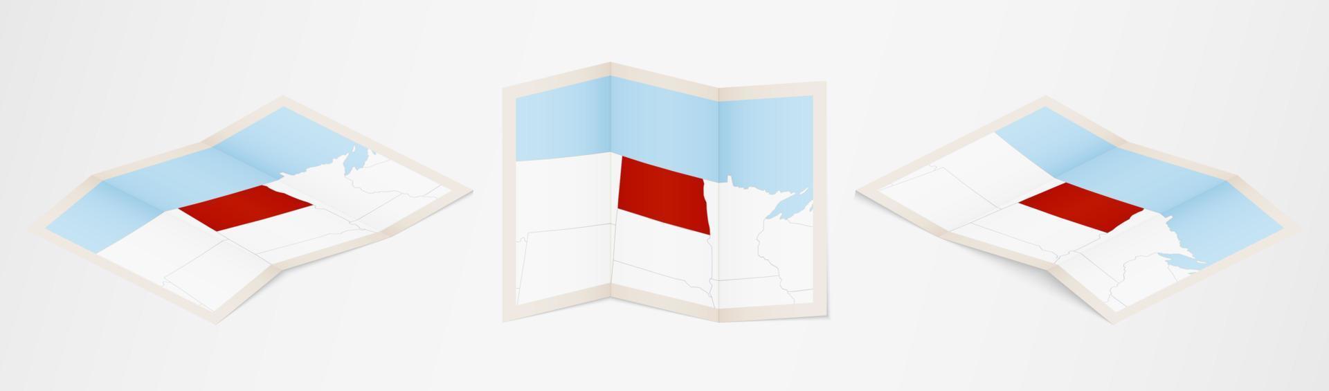Folded map of North Dakota in three different versions. vector