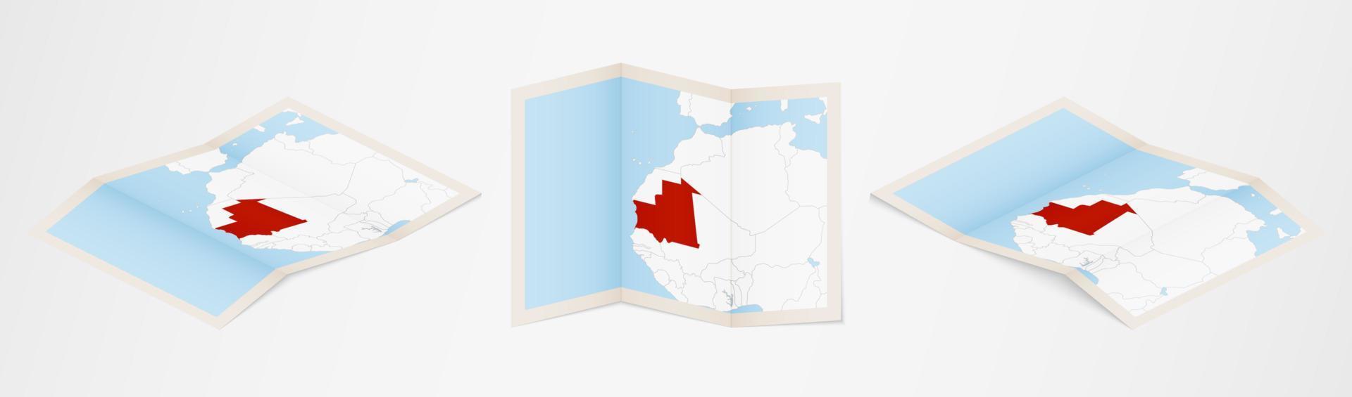 mapa plegado de mauritania en tres versiones diferentes. vector