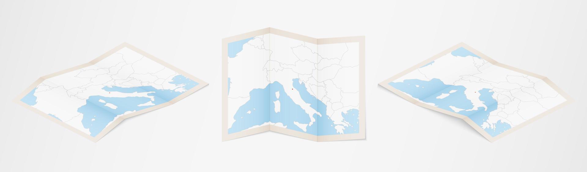 Folded map of San Marino in three different versions. vector