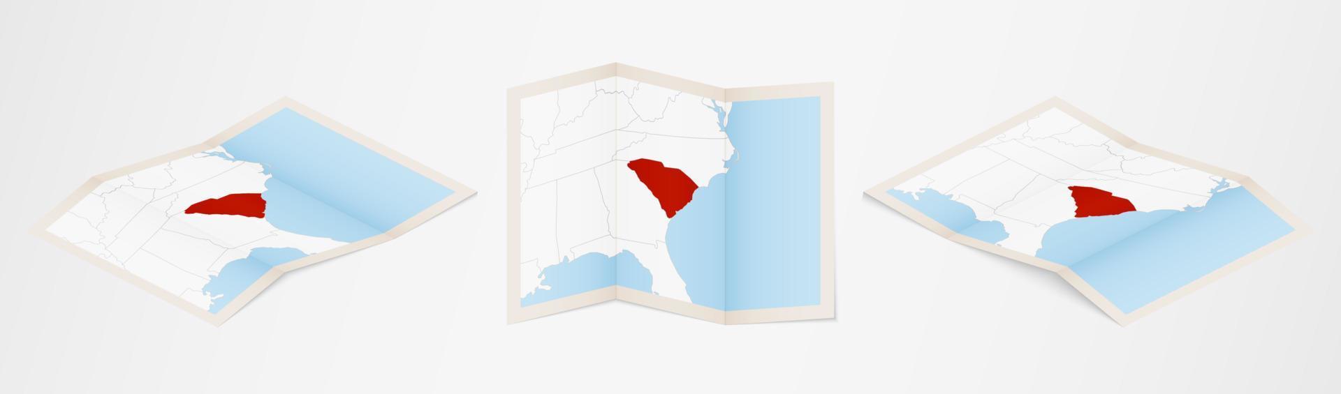 mapa plegado de carolina del sur en tres versiones diferentes. vector