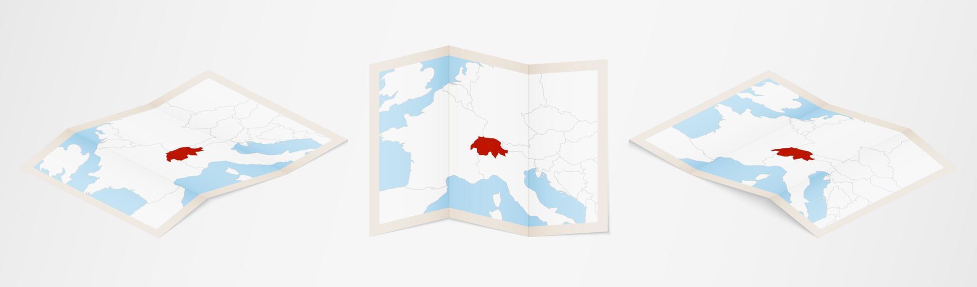 Folded map of Switzerland in three different versions. vector