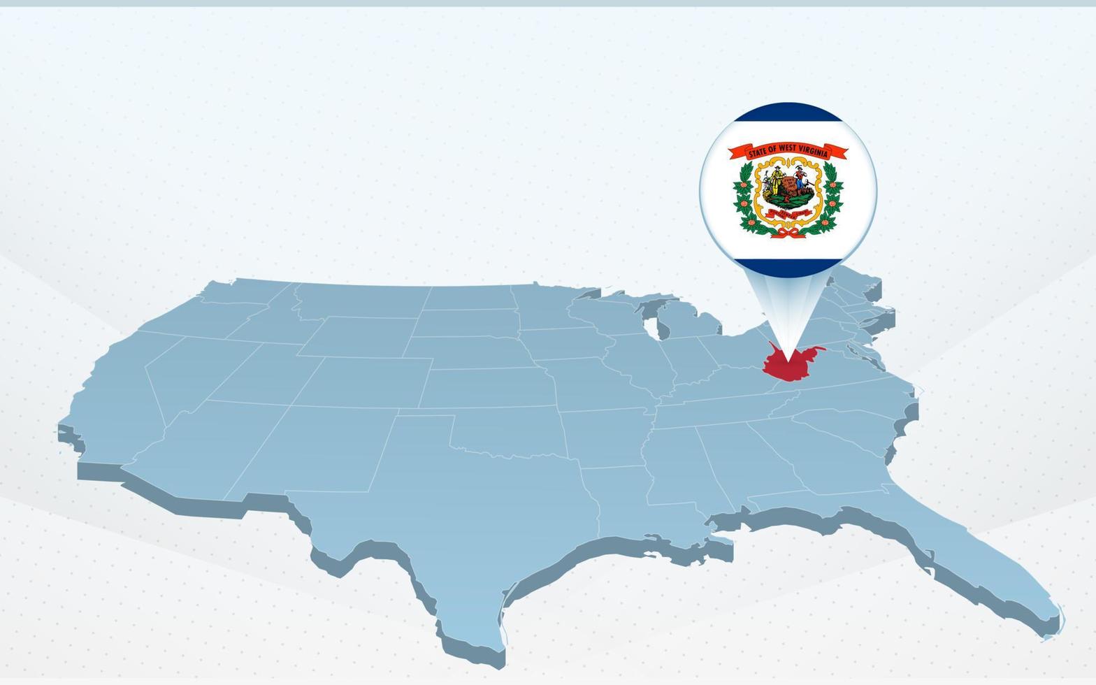 mapa del estado de virginia occidental en el mapa de estados unidos de américa en perspectiva. vector