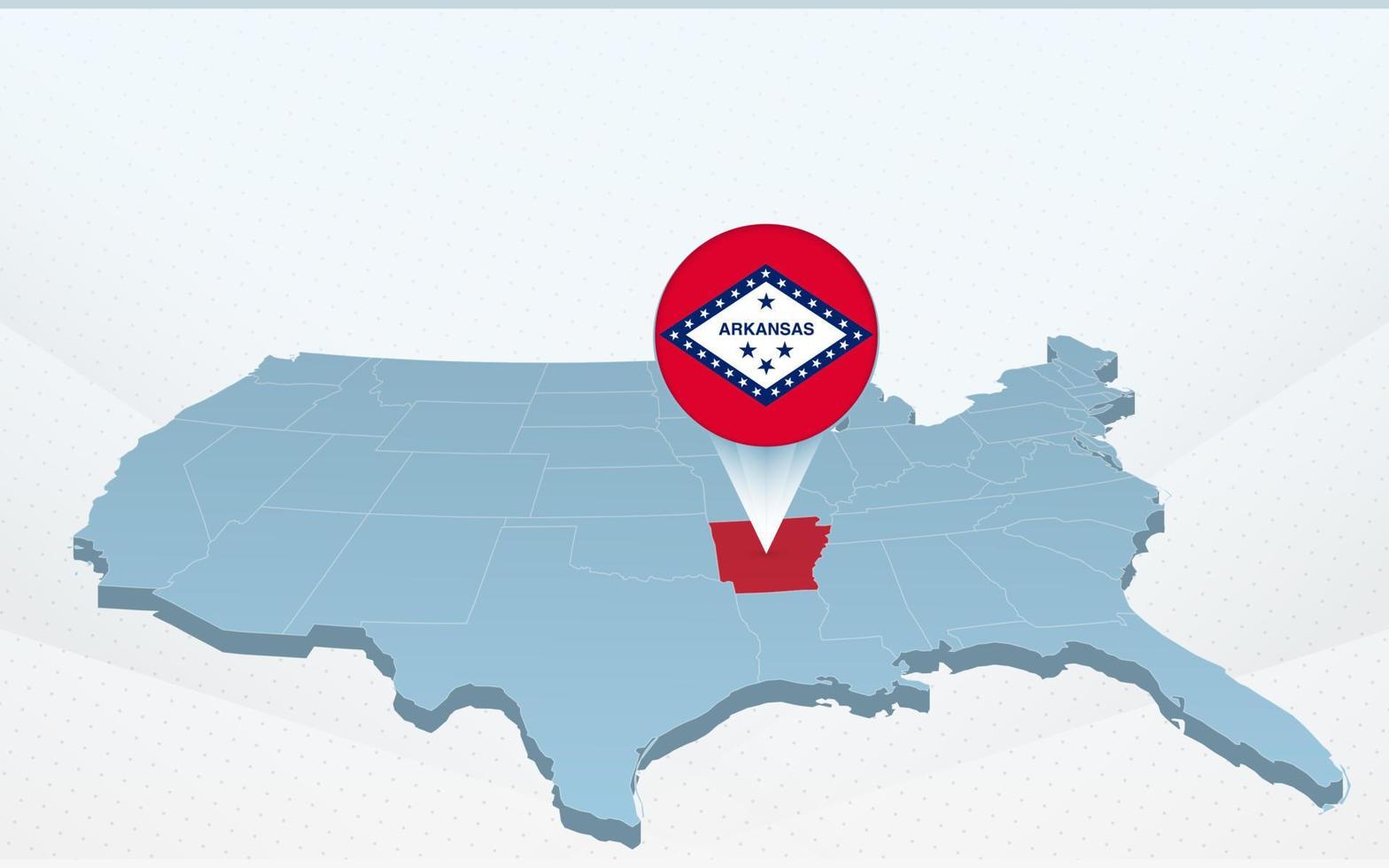 mapa del estado de arkansas en el mapa de los estados unidos de américa en perspectiva. vector