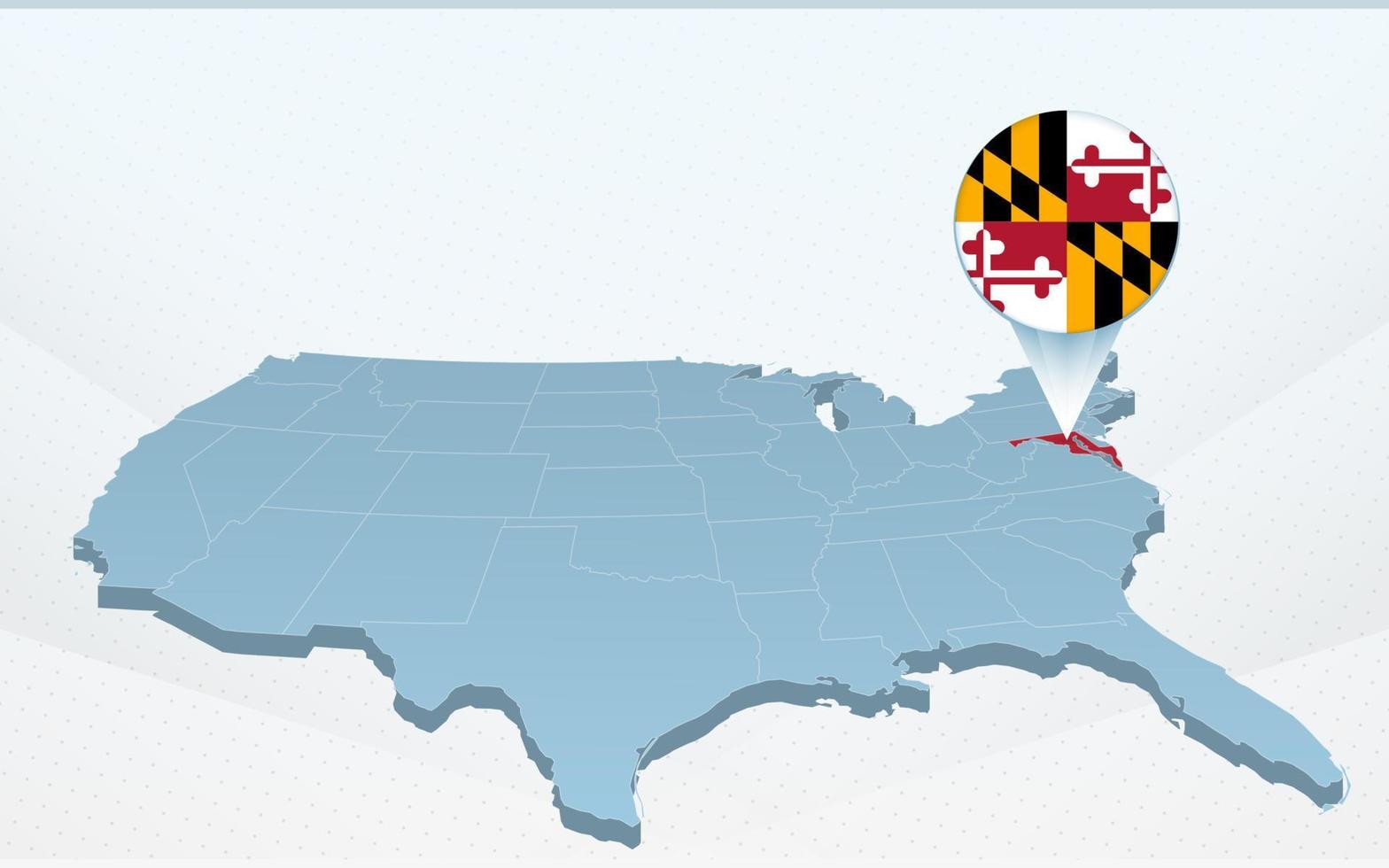 Maryland state map on United States of America map in perspective. vector