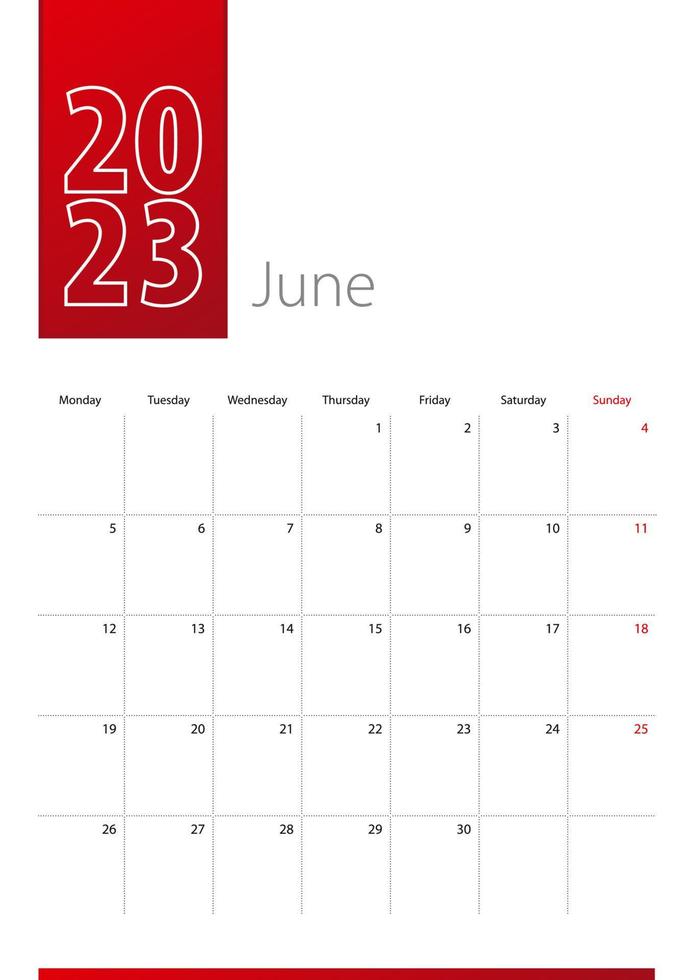 June 2023 calendar design. Week starts on Monday. Vertical calendar template. vector