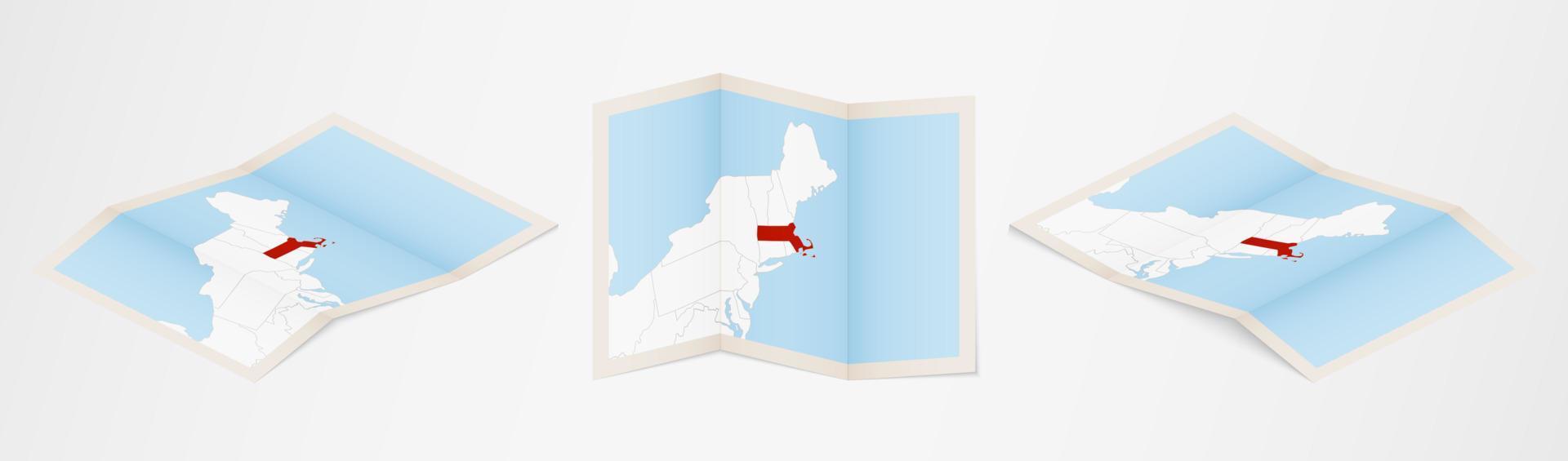 Folded map of Massachusetts in three different versions. vector