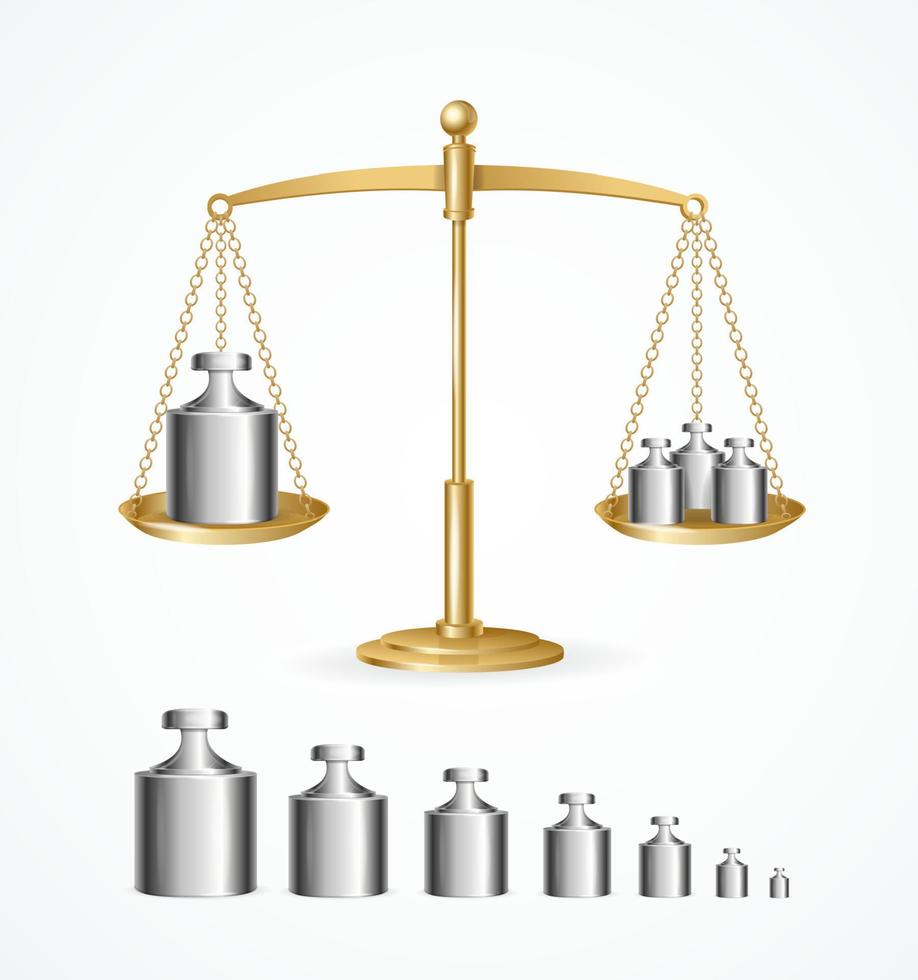 Realistic Detailed 3d Calibration Weight Laboratory and Yellow Scales Set. Vector