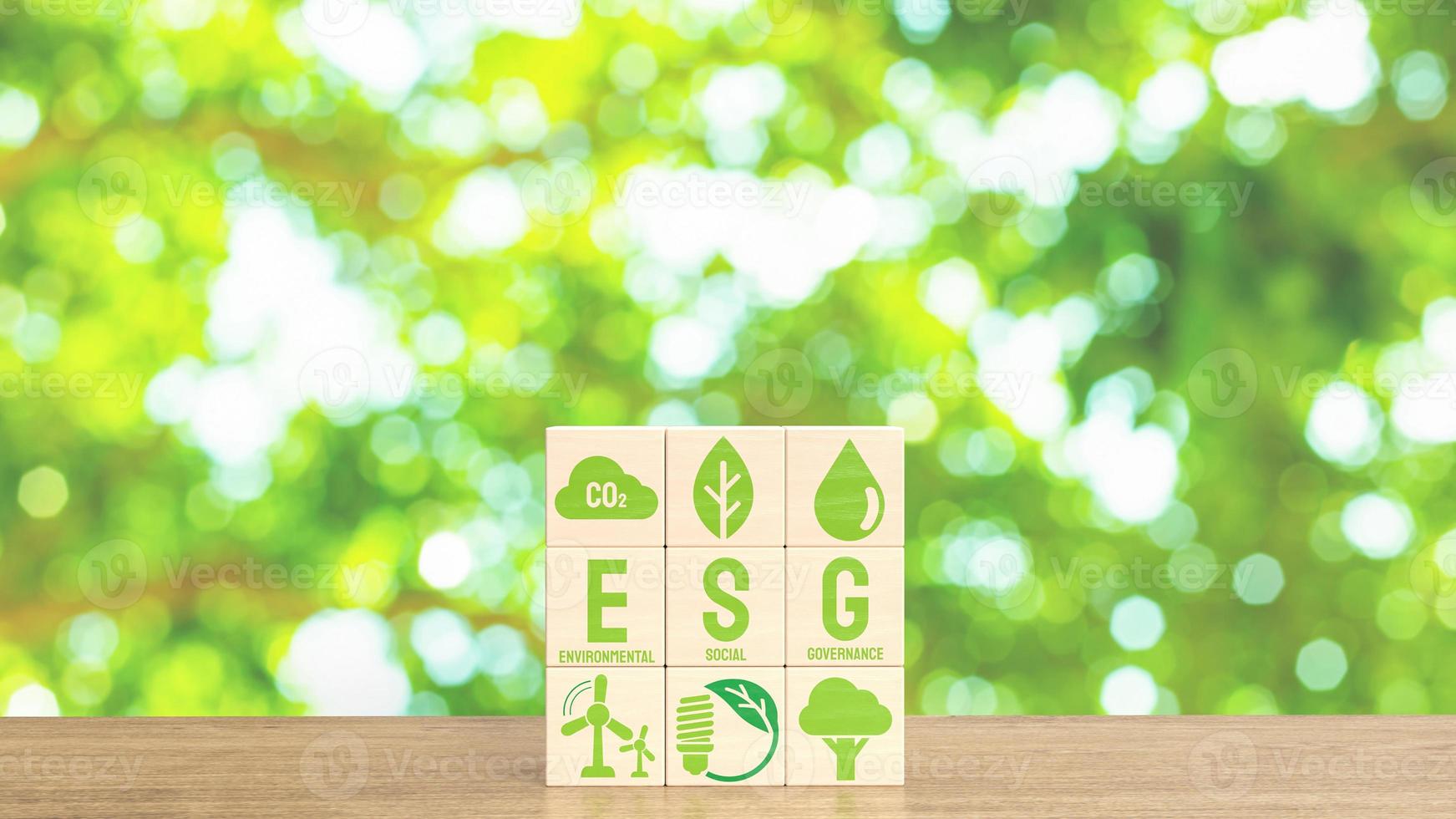 The esg and eco icon on wood cube for eco concept 3d rendering photo