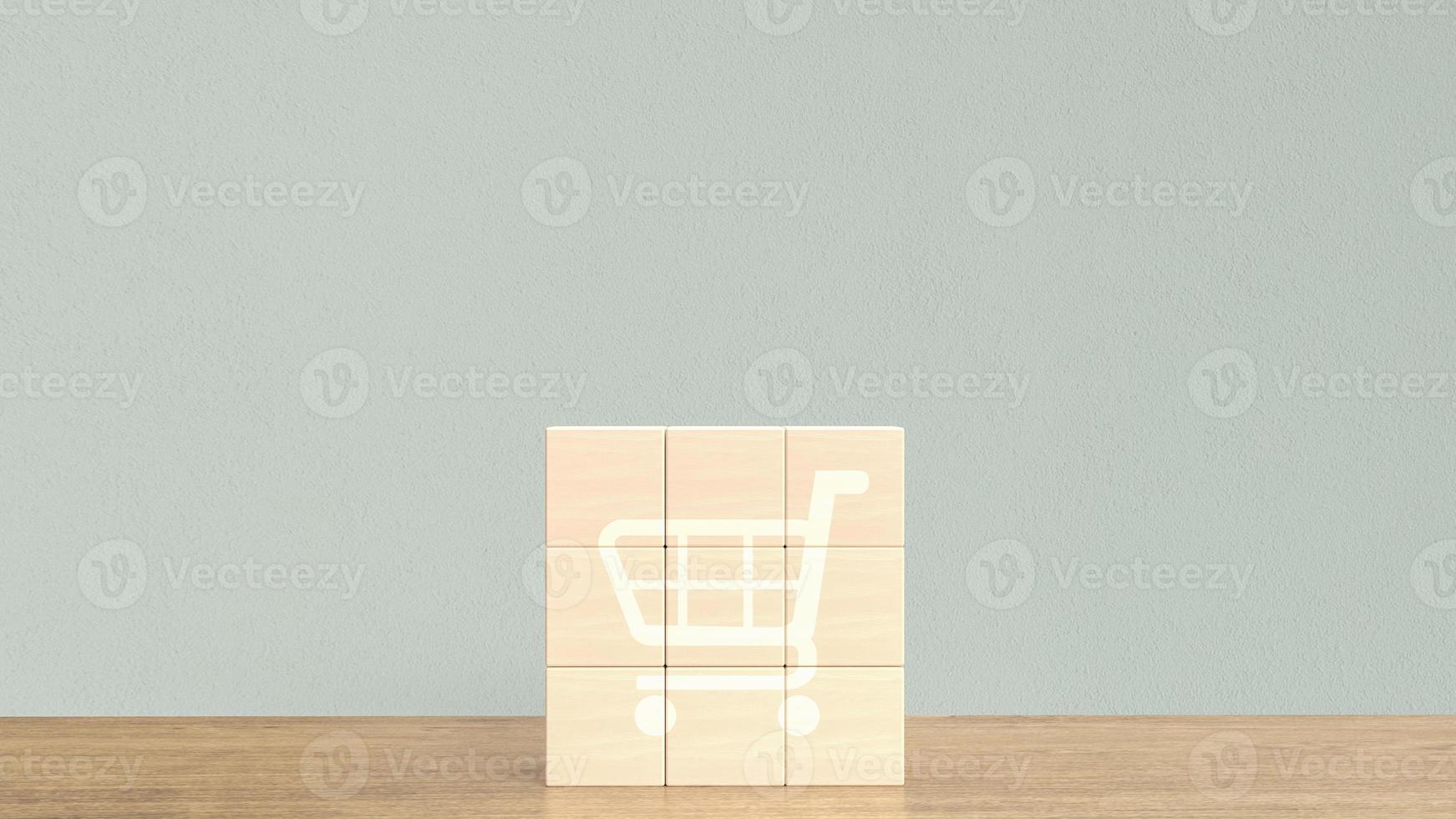 The shopping cart icon  on wood cube for business concept 3d rendering photo