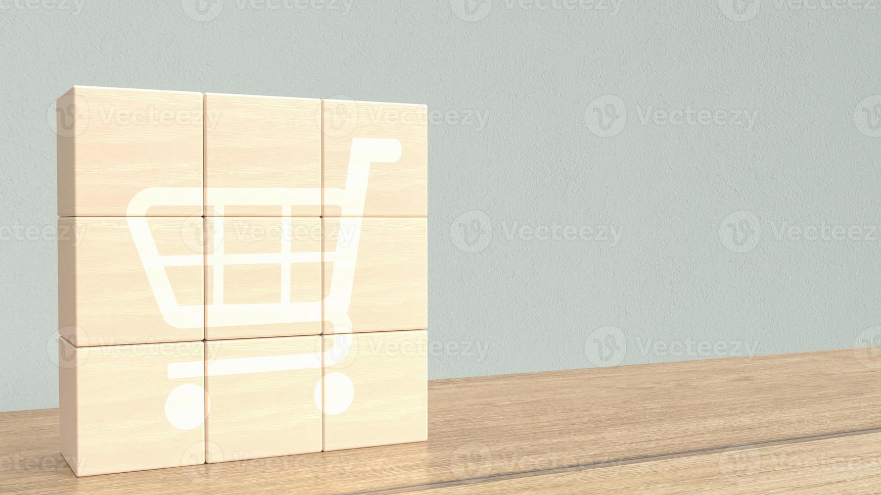 The shopping cart icon  on wood cube for business concept 3d rendering photo