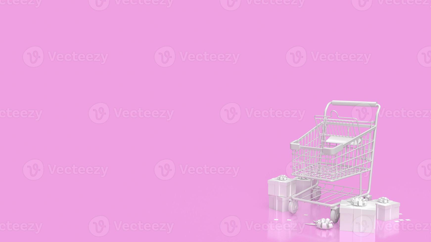 The white supermarket cart and gift box on pink background 3d rendering photo