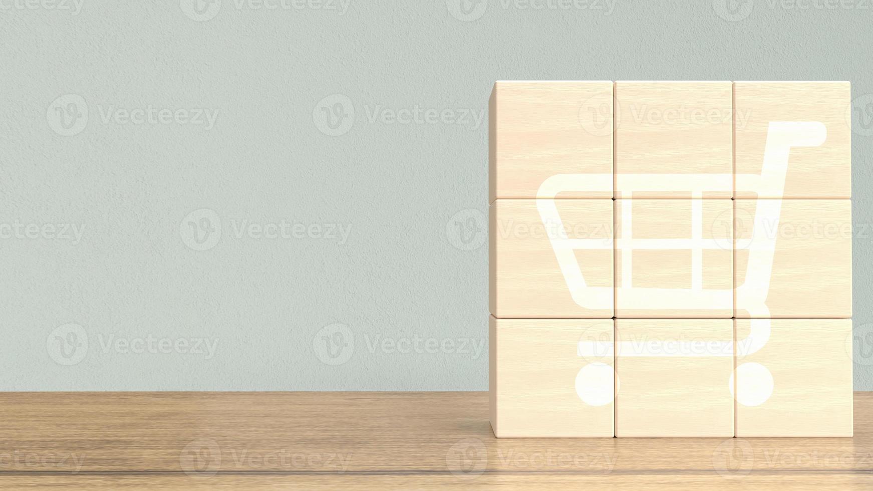 The shopping cart icon  on wood cube for business concept 3d rendering photo