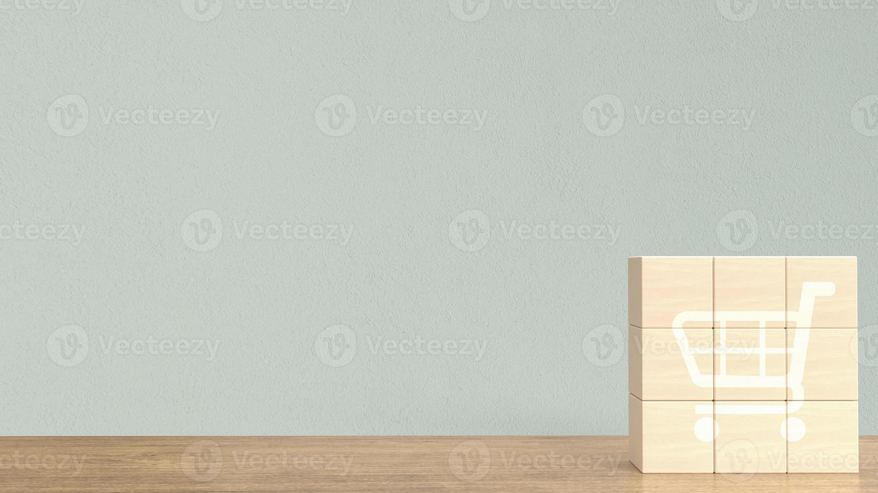 The shopping cart icon  on wood cube for business concept 3d rendering photo