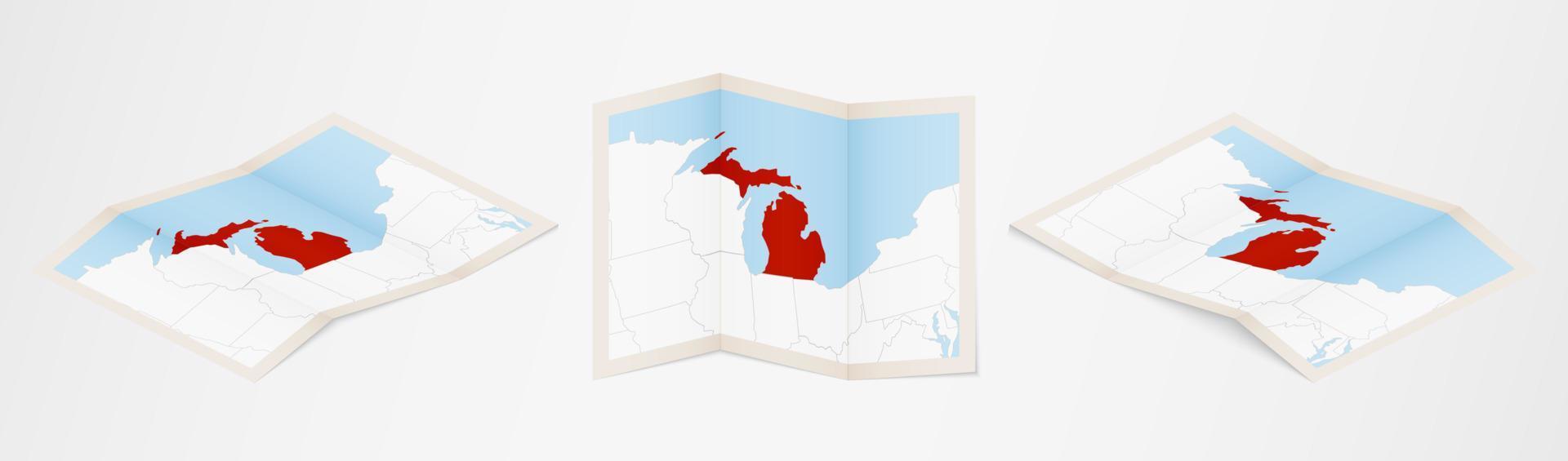 Folded map of Michigan in three different versions. vector