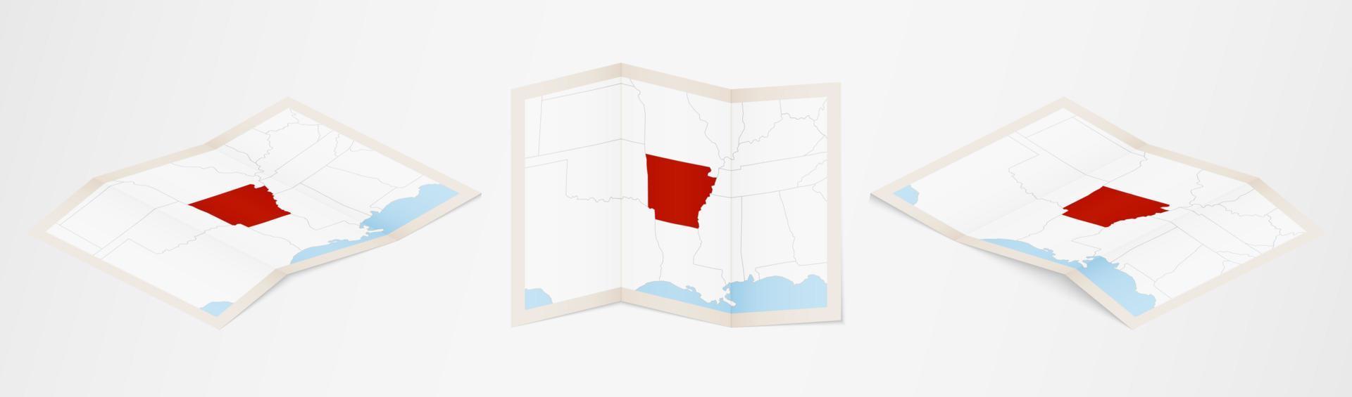 Folded map of Arkansas in three different versions. vector