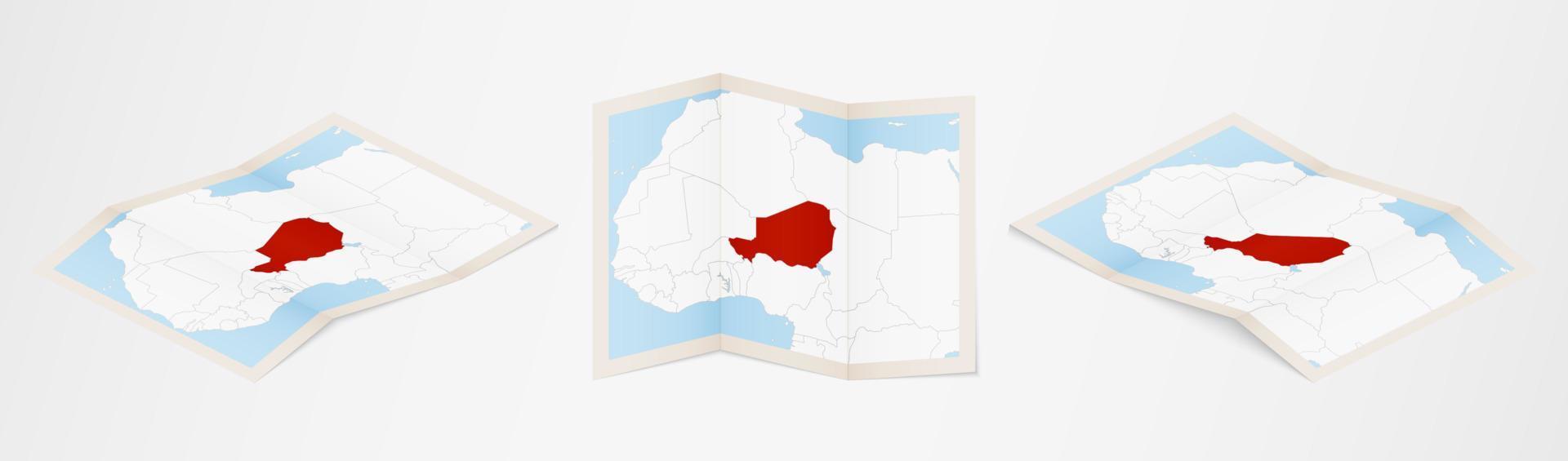 Folded map of Niger in three different versions. vector