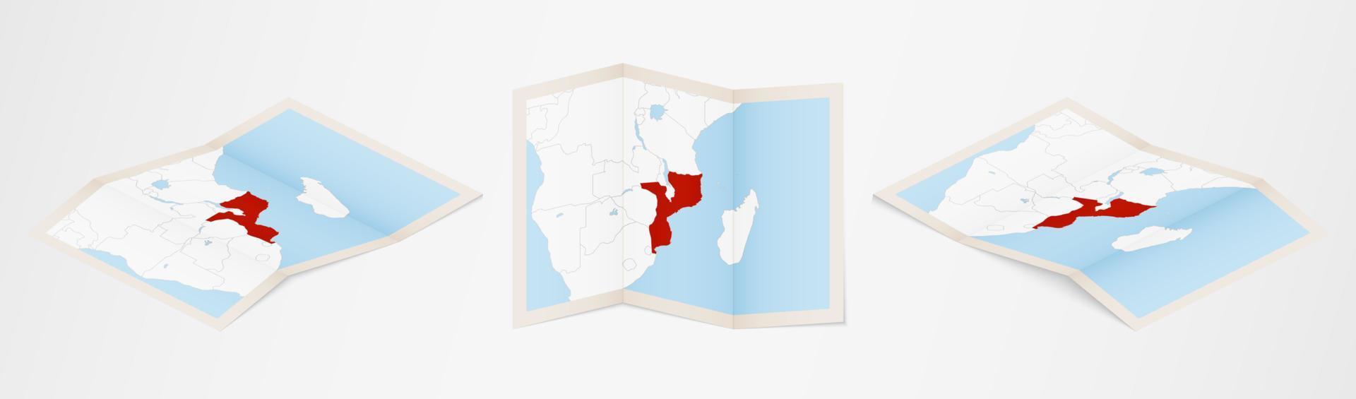 Folded map of Mozambique in three different versions. vector